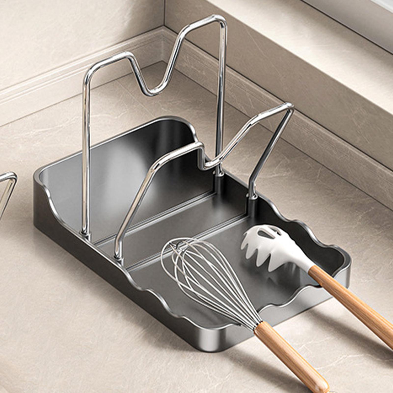 Kitchen Baking Pantry - Topfdeckelständer, vertikales Löffel-Trockenregal mit Abtropfschale, Edelstahl-Topfdeckel-Aufbewahrungsregal