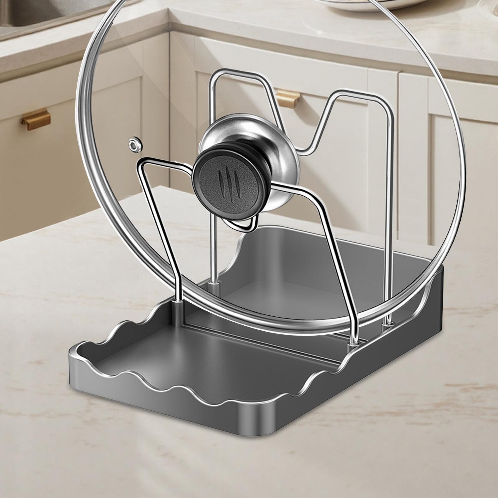 Kitchen Baking Pantry - Topfdeckel-Organizer Vertikaler Löffelhalter mit Abtropfschale Edelstahl-Topfdeckel-Aufbewahrungsregal